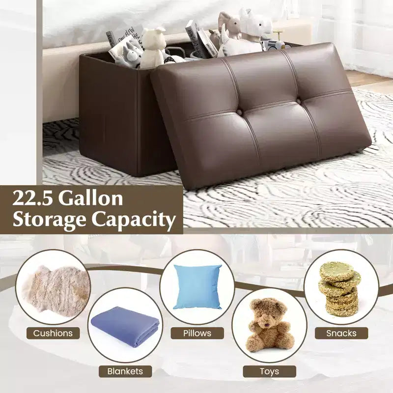 Pouffe de rangement pliant, cuir PVC, 85 L, capacité 150 kg, repose-pieds multifonctionnel