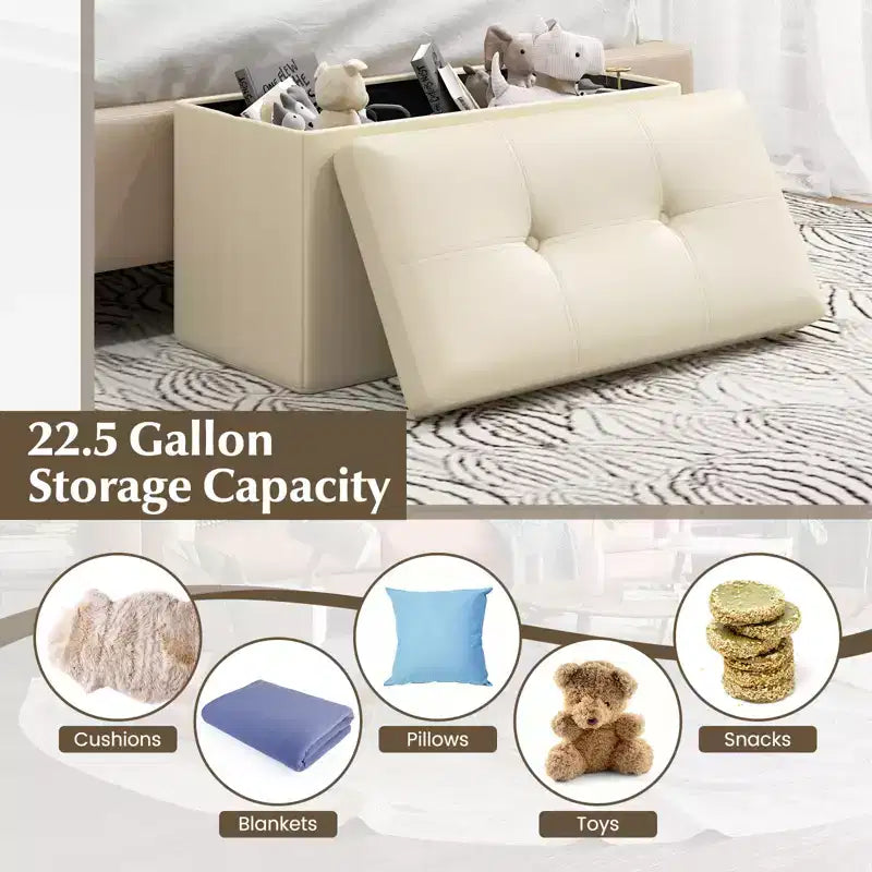Pouffe de rangement pliant, cuir PVC, 85 L, capacité 150 kg, repose-pieds multifonctionnel