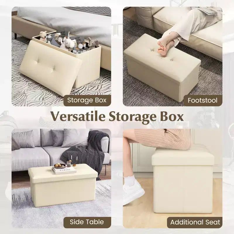 Pouffe de rangement pliant, cuir PVC, 85 L, capacité 150 kg, repose-pieds multifonctionnel