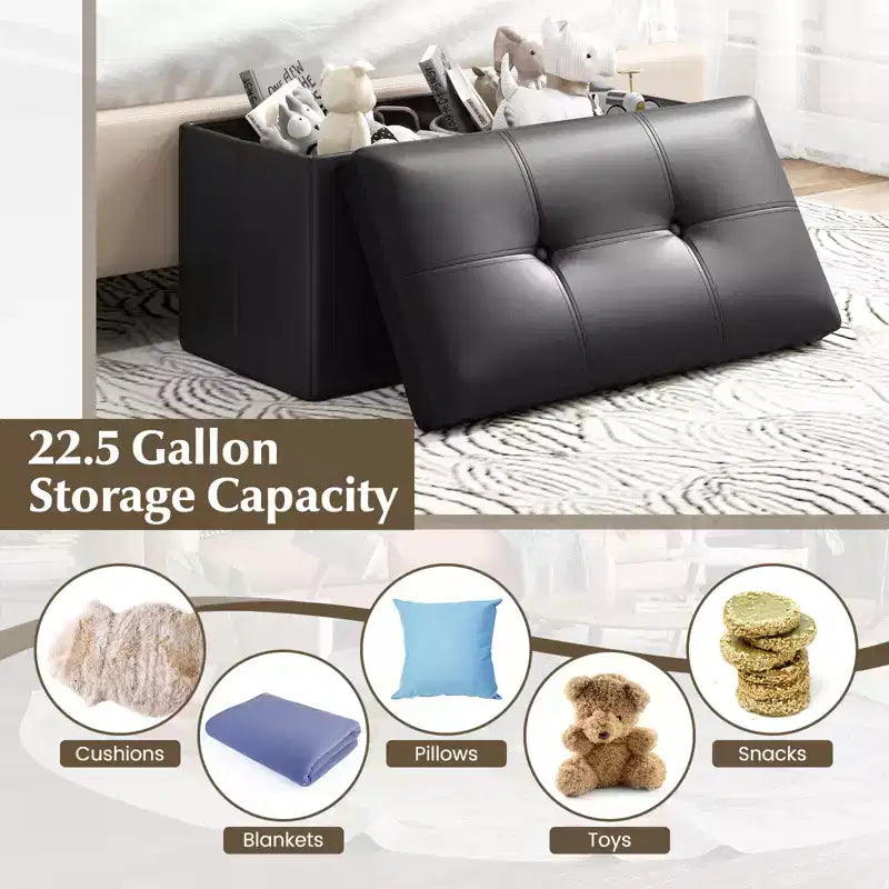 Pouffe de rangement pliant, cuir PVC, 85 L, capacité 150 kg, repose-pieds multifonctionnel