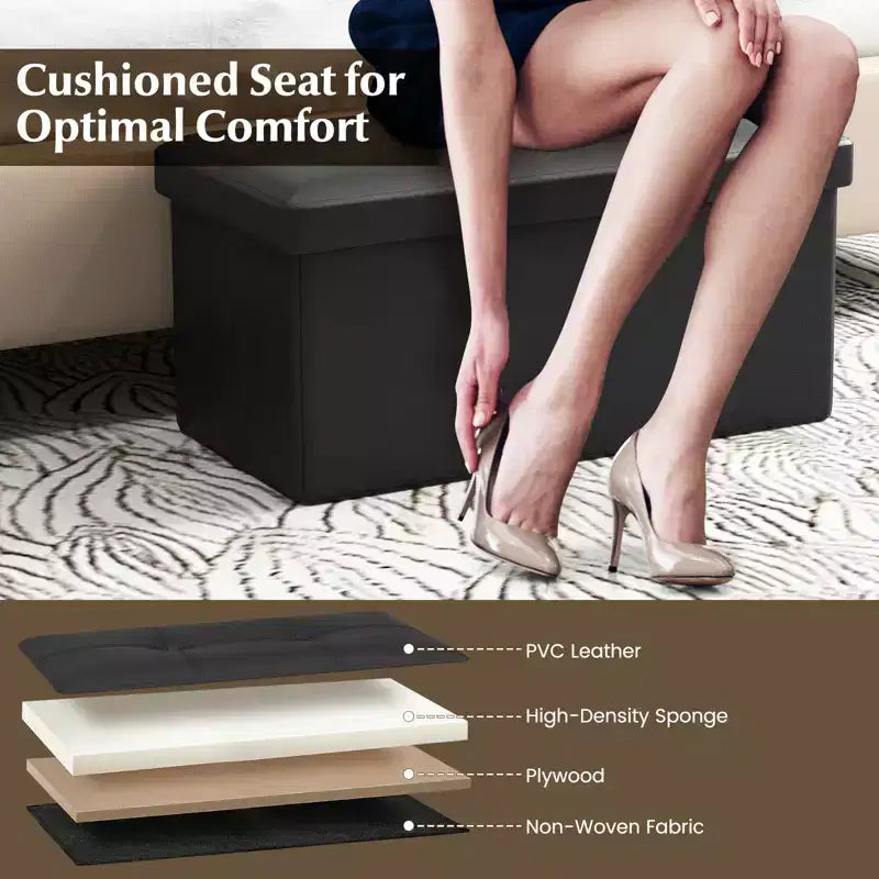 Pouffe de rangement pliant, cuir PVC, 85 L, capacité 150 kg, repose-pieds multifonctionnel