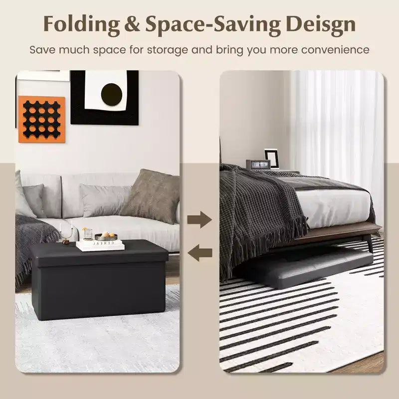 Pouffe de rangement pliant, cuir PVC, 85 L, capacité 150 kg, repose-pieds multifonctionnel