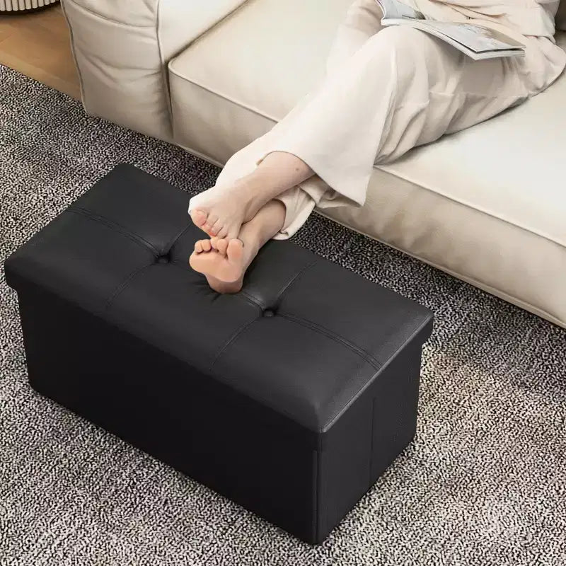 Pouffe de rangement pliant, cuir PVC, 85 L, capacité 150 kg, repose-pieds multifonctionnel