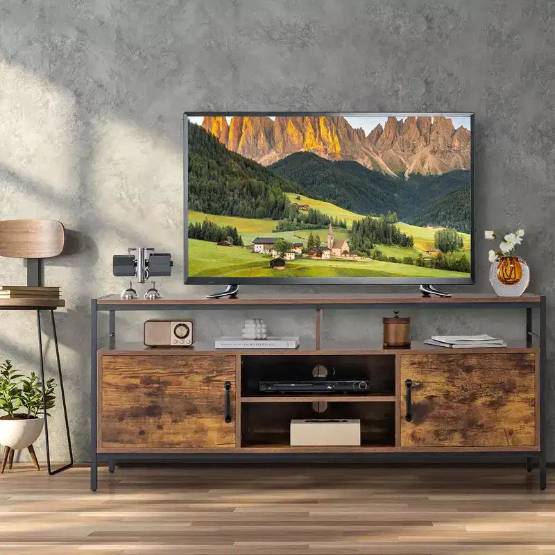 Meuble TV industriel de 58 po pour téléviseurs de 65 po, 2 armoires, étagère réglable, passe-câbles