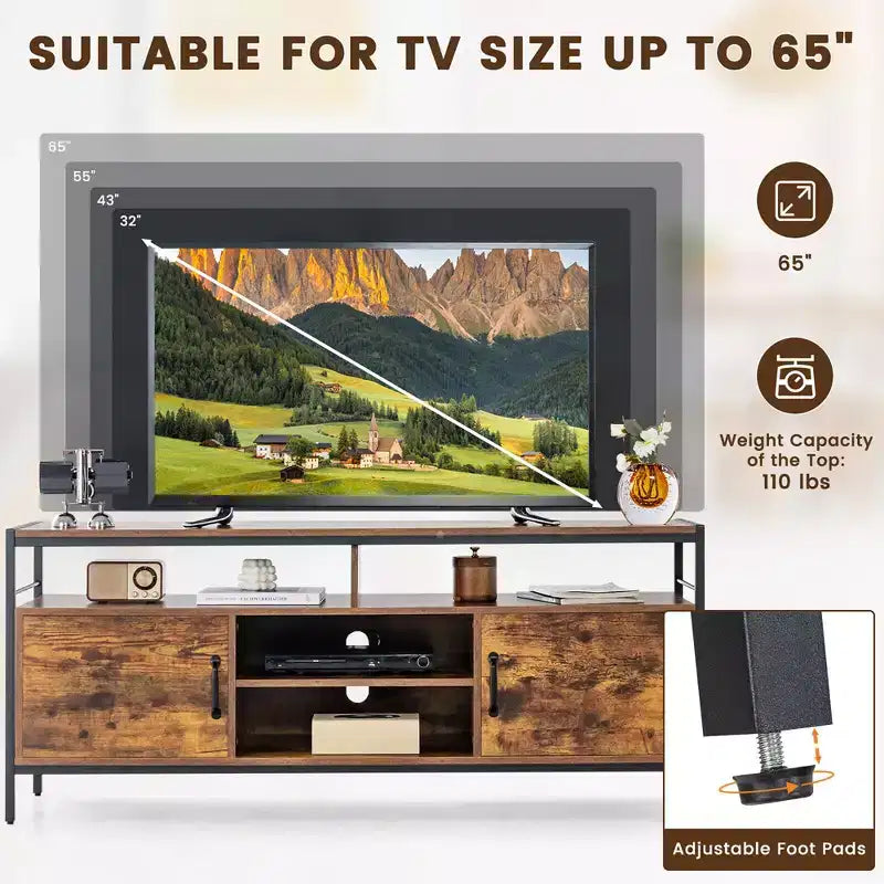 Meuble TV industriel de 58 po pour téléviseurs de 65 po, 2 armoires, étagère réglable, passe-câbles