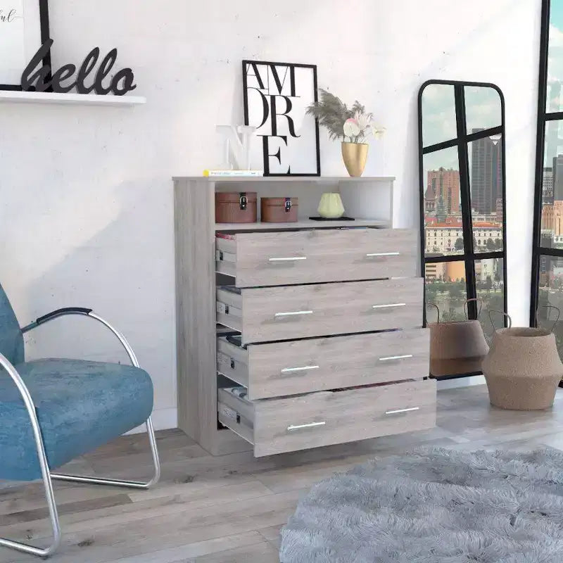 Commode 4 tiroirs, Stratifié bois, Dispositif anti-basculement, 109 cm (H) x 84 cm (l) x 43 cm (P)