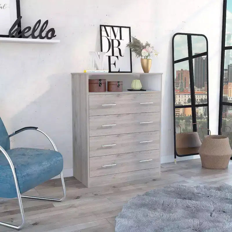 Commode 4 tiroirs, Stratifié bois, Dispositif anti-basculement, 109 cm (H) x 84 cm (l) x 43 cm (P)