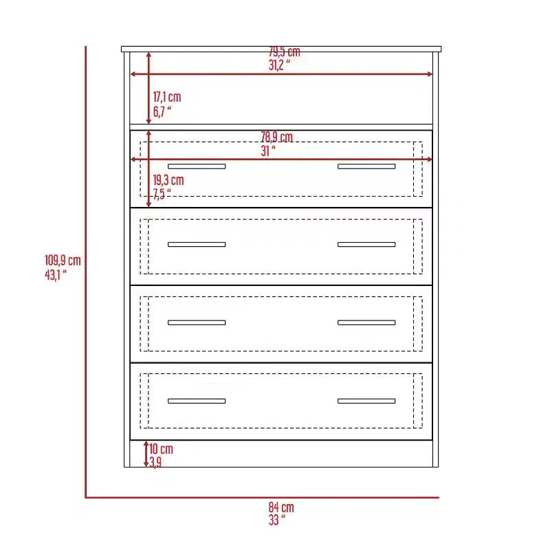 Commode 4 tiroirs, Stratifié bois, Dispositif anti-basculement, 109 cm (H) x 84 cm (l) x 43 cm (P)
