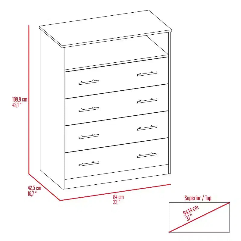 Commode 4 tiroirs, Stratifié bois, Dispositif anti-basculement, 109 cm (H) x 84 cm (l) x 43 cm (P)