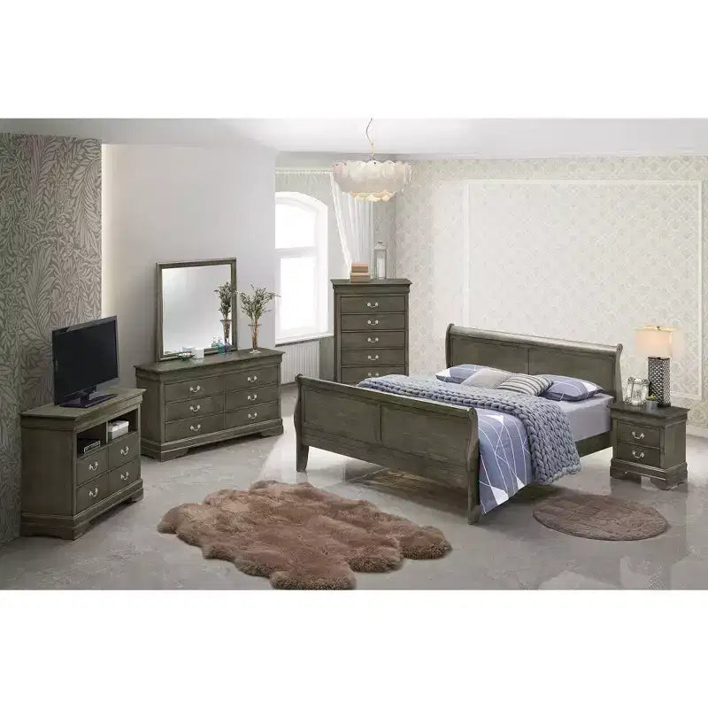 Lit king-size en bois Sleigh avec haut pied de lit, design classique, sommier tapissier requis