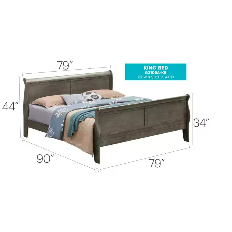 Lit king-size en bois Sleigh avec haut pied de lit, design classique, sommier tapissier requis
