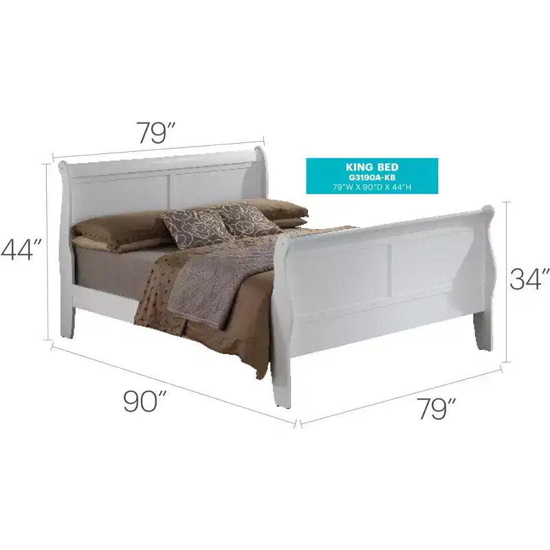 Lit king-size en bois Sleigh avec haut pied de lit, design classique, sommier tapissier requis
