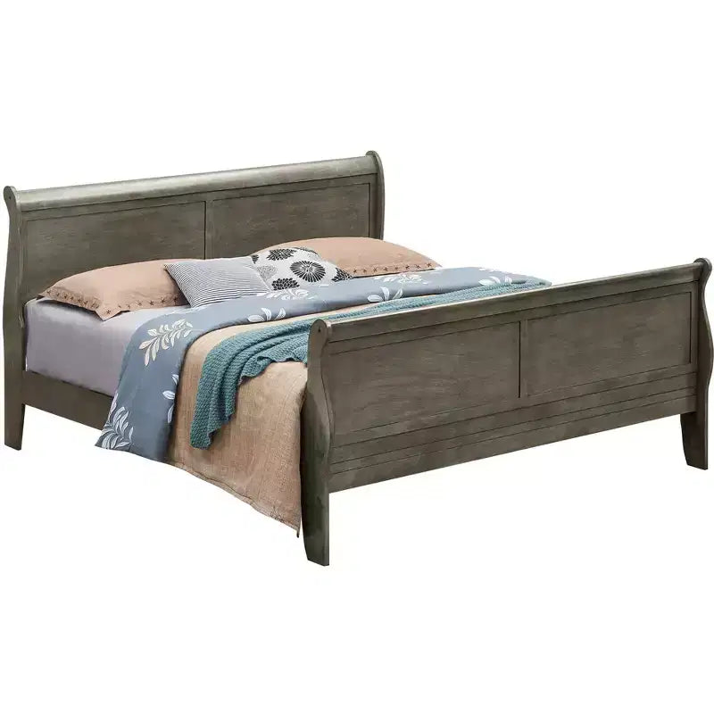 Lit king-size en bois Sleigh avec haut pied de lit, design classique, sommier tapissier requis