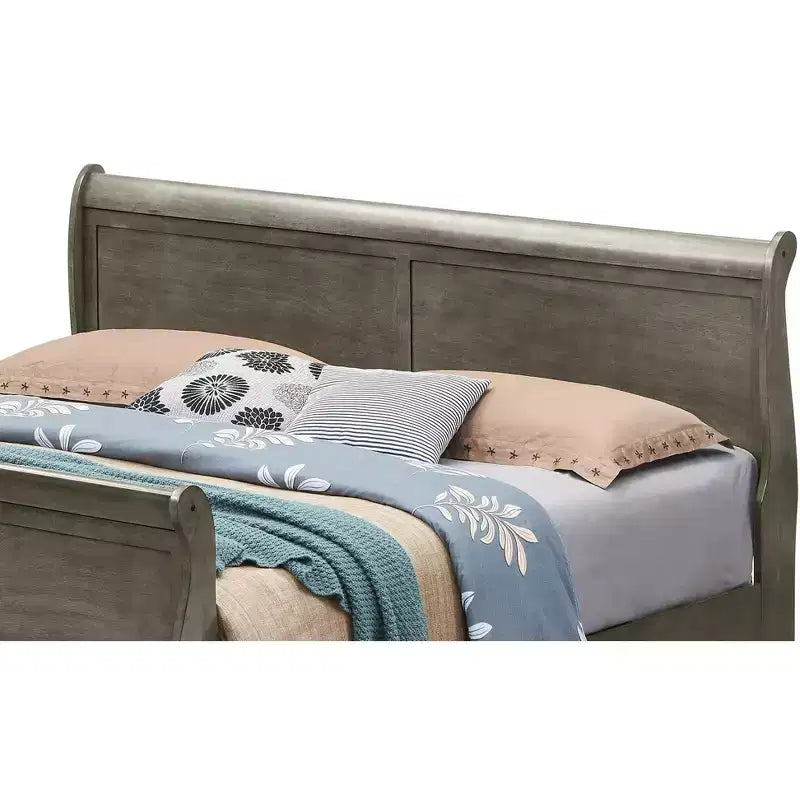 Lit king-size en bois Sleigh avec haut pied de lit, design classique, sommier tapissier requis