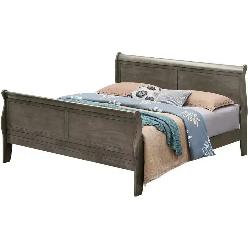 Lit king-size en bois Sleigh avec haut pied de lit, design classique, sommier tapissier requis