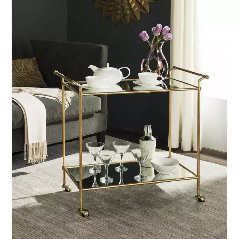Chariot de service de bar en fer doré avec miroir, 2 étagères, roulettes, 79 cm de large