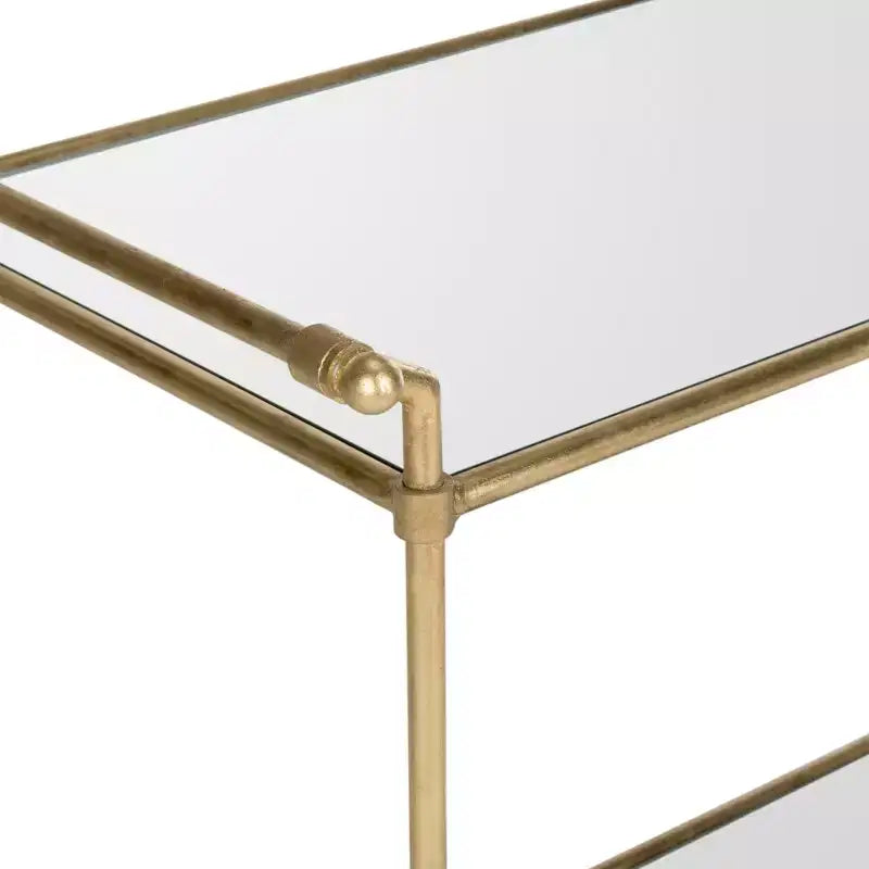 Chariot de service de bar en fer doré avec miroir, 2 étagères, roulettes, 79 cm de large