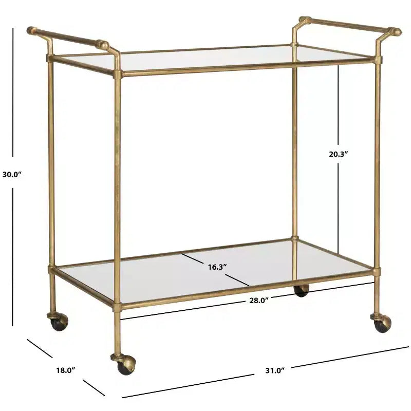 Chariot de service de bar en fer doré avec miroir, 2 étagères, roulettes, 79 cm de large