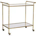Chariot de service de bar en fer doré avec miroir, 2 étagères, roulettes, 79 cm de large