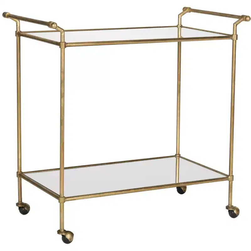 Chariot de service de bar en fer doré avec miroir, 2 étagères, roulettes, 79 cm de large