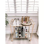 Chariot de service de bar en fer doré avec miroir, 2 étagères, roulettes, 79 cm de large