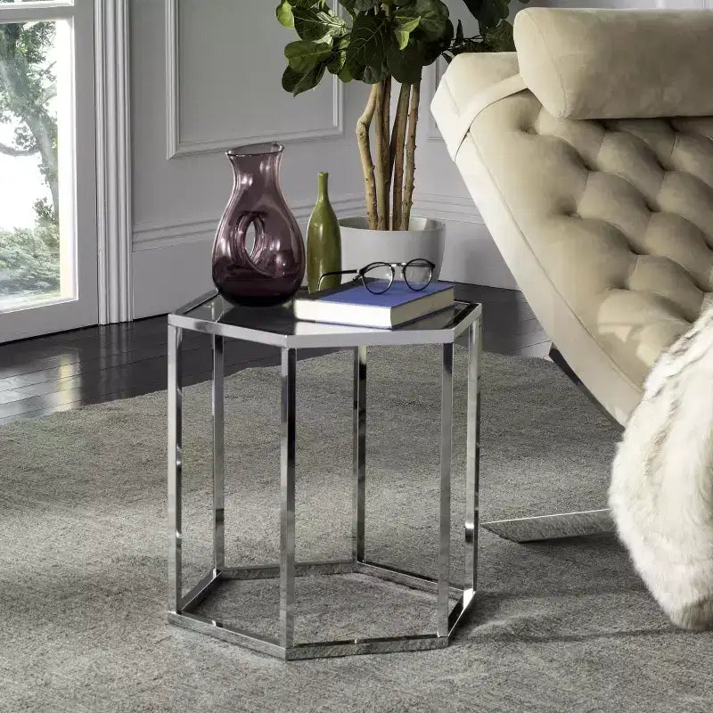Table d'appoint hexagonale en chrome et verre