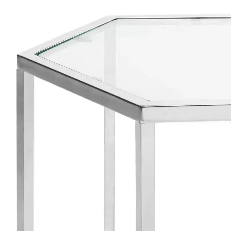 Table d'appoint hexagonale en chrome et verre
