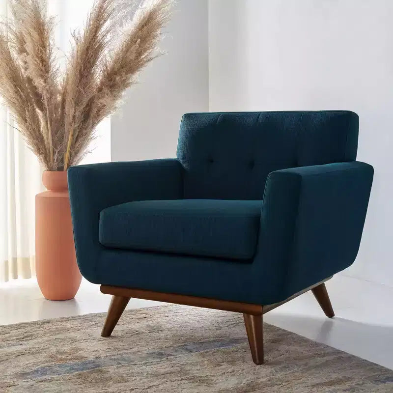 Fauteuil touffeté en lin, revêtement en polyester, structure en bois, capacité de 125 kg, gris ardoise