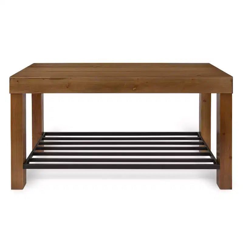 Banc d'entrée rectangulaire en bois avec étagère en fer, marron rustique, 91 cm l x 51 cm H