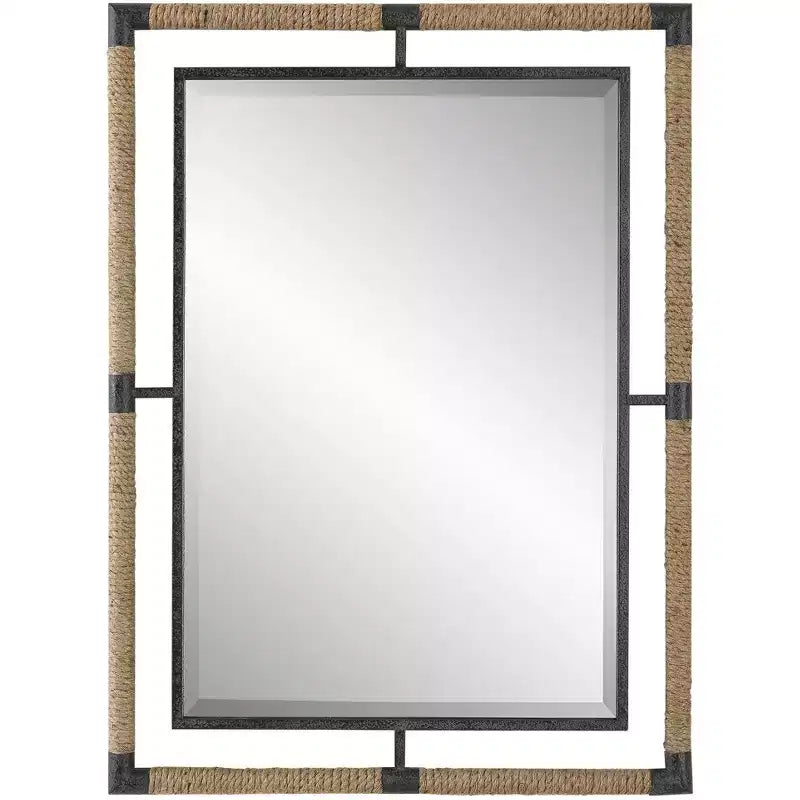 Uttermost Rectangular Vanity Decorative Wall Mirror Modern Beveled Rust Black Natural Rope Forged Iron Frame 28 Wide for Bathroom