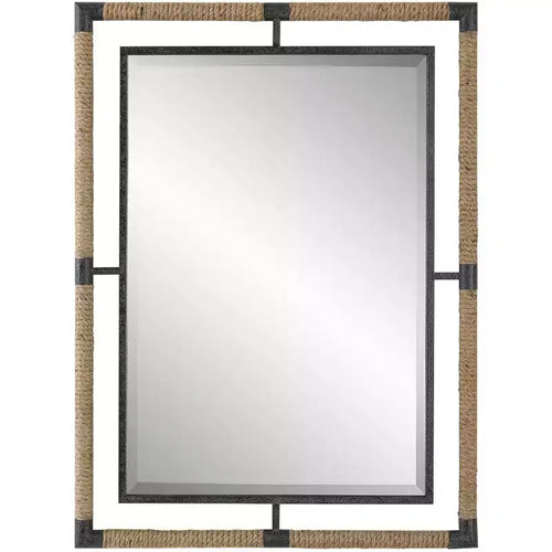 Uttermost Rectangular Vanity Decorative Wall Mirror Modern Beveled Rust Black Natural Rope Forged Iron Frame 28 Wide for Bathroom