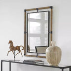 Miroir mural rectangulaire biseauté 28"L, cadre en fer noir rouillé et corde naturelle, salle de bain