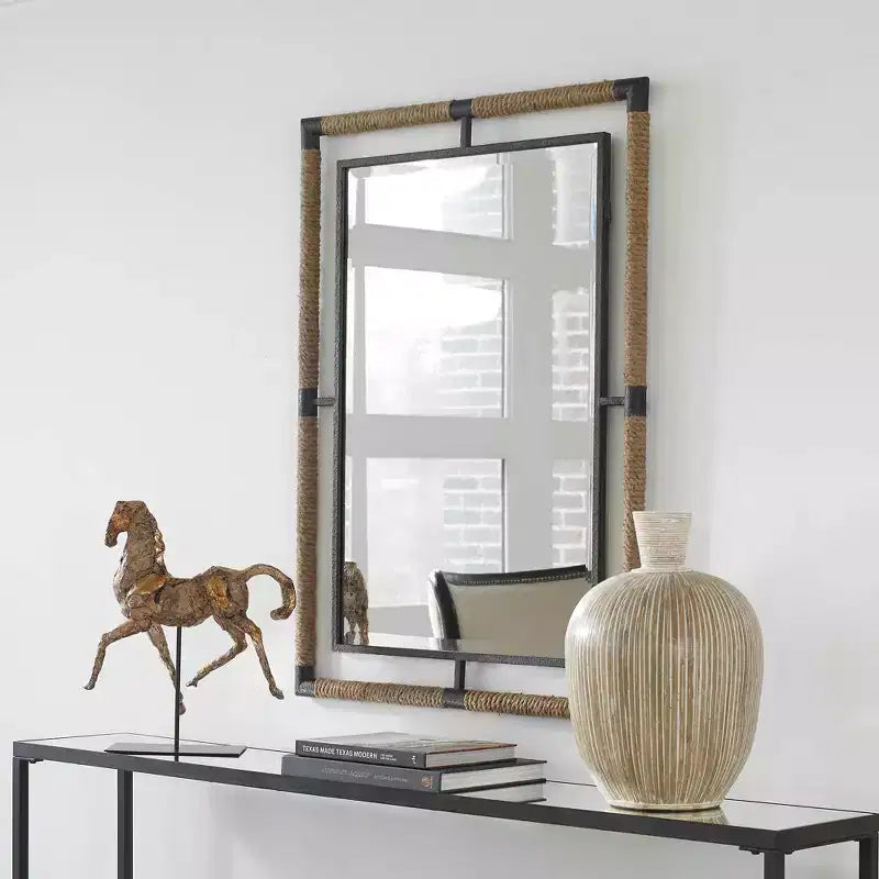 Miroir mural rectangulaire biseauté 28"L, cadre en fer noir rouillé et corde naturelle, salle de bain