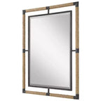 Miroir mural rectangulaire biseauté 28"L, cadre en fer noir rouillé et corde naturelle, salle de bain