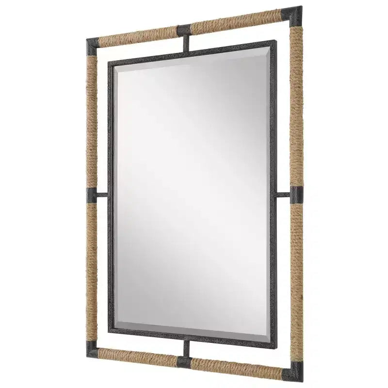 Miroir mural rectangulaire biseauté 28"L, cadre en fer noir rouillé et corde naturelle, salle de bain