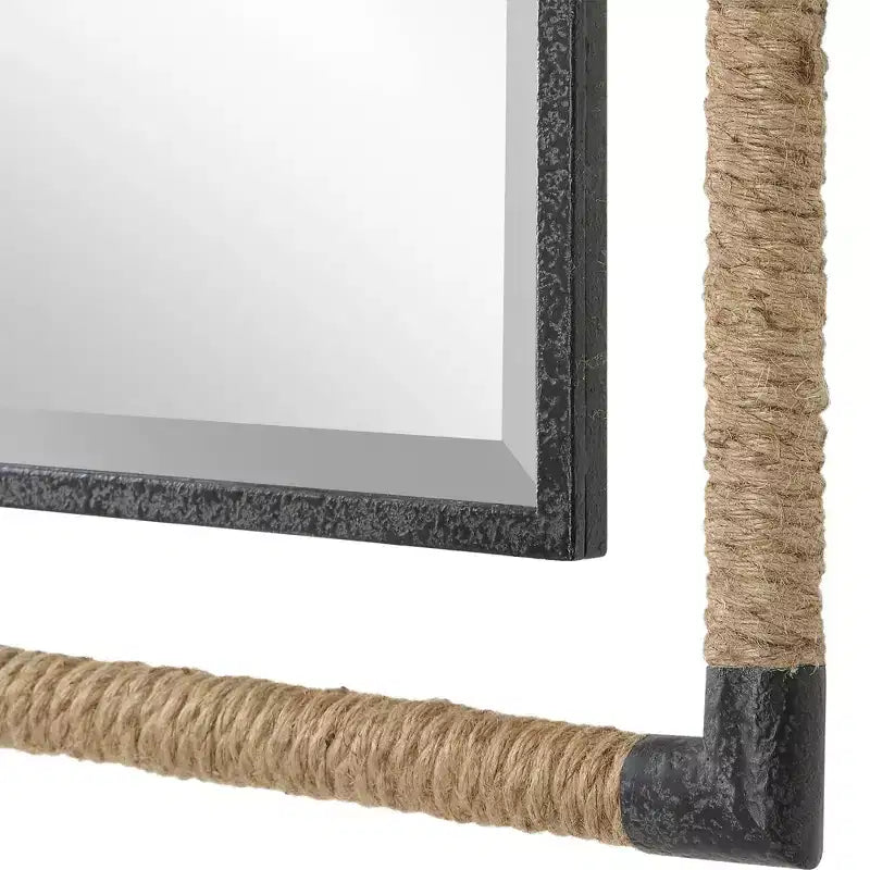 Miroir mural rectangulaire biseauté 28"L, cadre en fer noir rouillé et corde naturelle, salle de bain