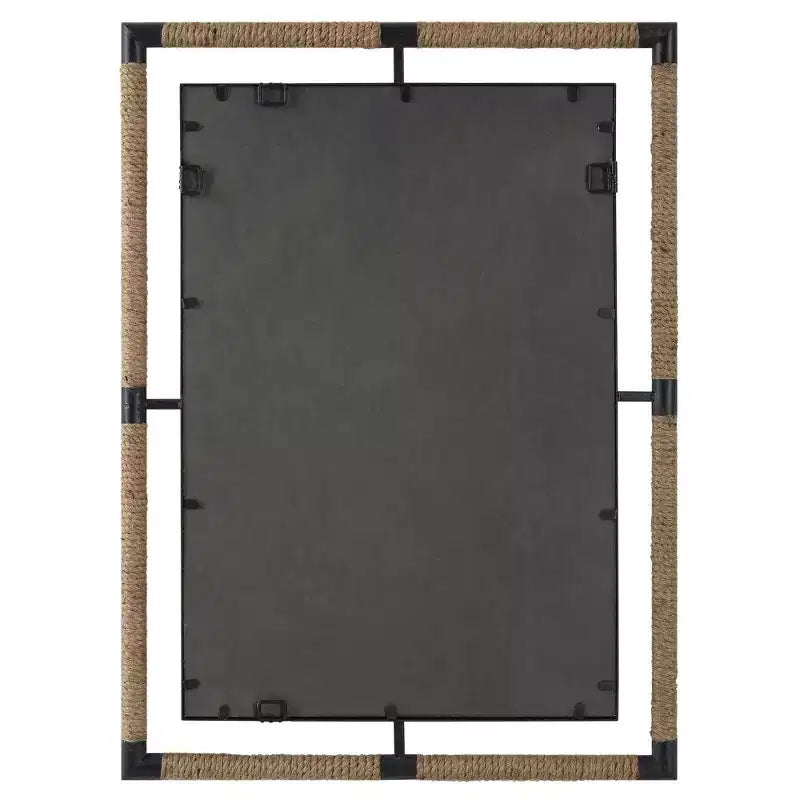 Miroir mural rectangulaire biseauté 28"L, cadre en fer noir rouillé et corde naturelle, salle de bain