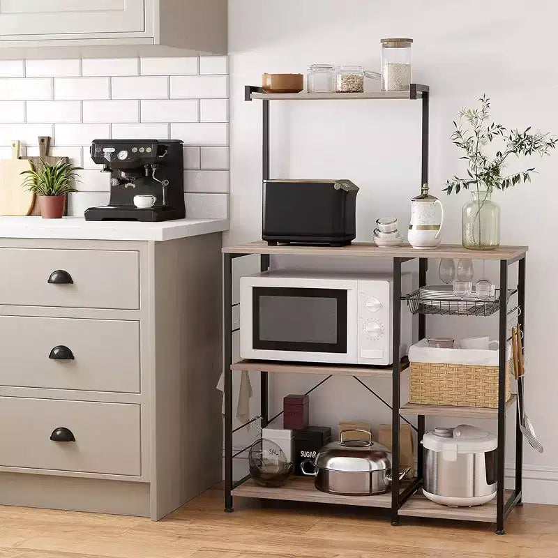 VASAGLE Baker's Rack Microwave Stand Kitchen Storage Rack with Wire Basket 6 Hooks & Shelves for Spices Pots & Pans