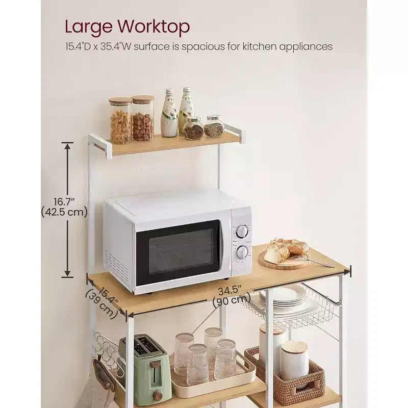 Étagère de cuisine pour micro-ondes, 4 étagères, panier en fil, 6 crochets, acier, 134 cm de hauteur
