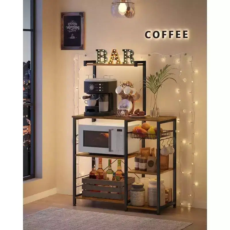 Étagère de cuisine pour micro-ondes, 4 étagères, panier en fil, 6 crochets, acier, 134 cm de hauteur