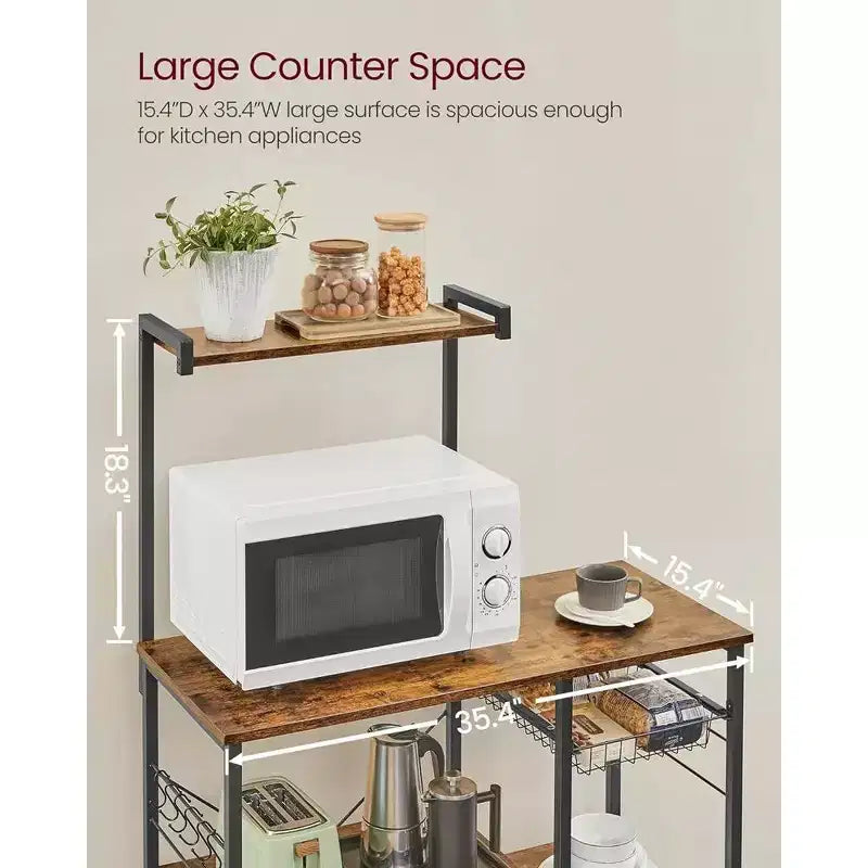 Étagère de cuisine pour micro-ondes, 4 étagères, panier en fil, 6 crochets, acier, 134 cm de hauteur