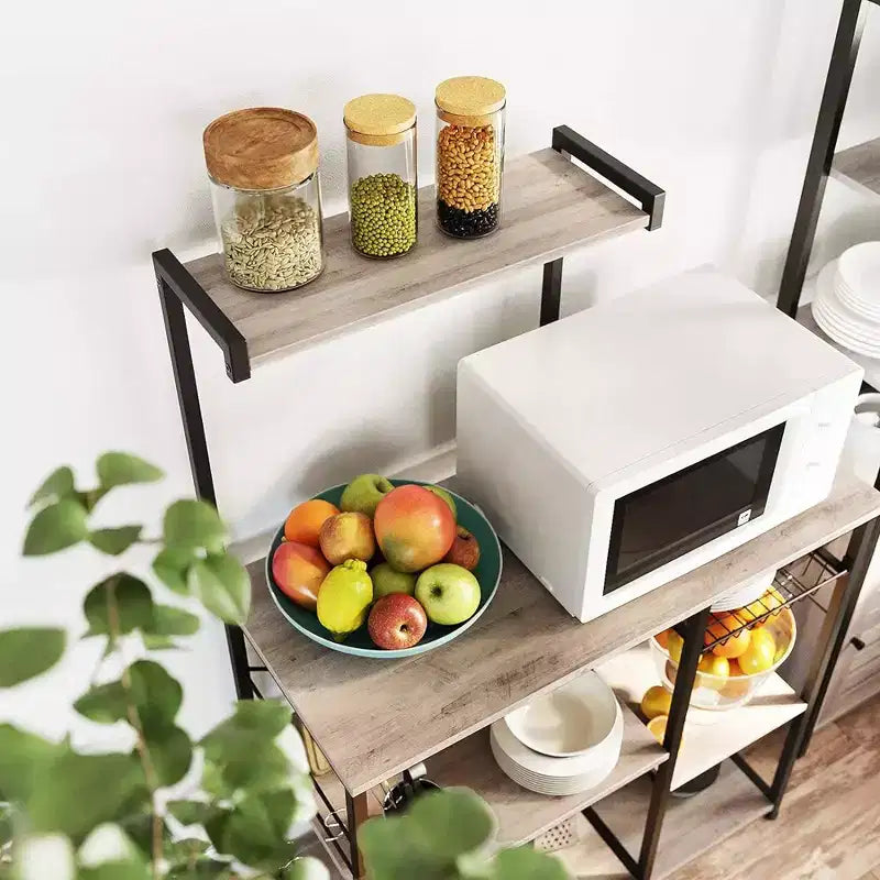 Étagère de cuisine pour micro-ondes, 4 étagères, panier en fil, 6 crochets, acier, 134 cm de hauteur