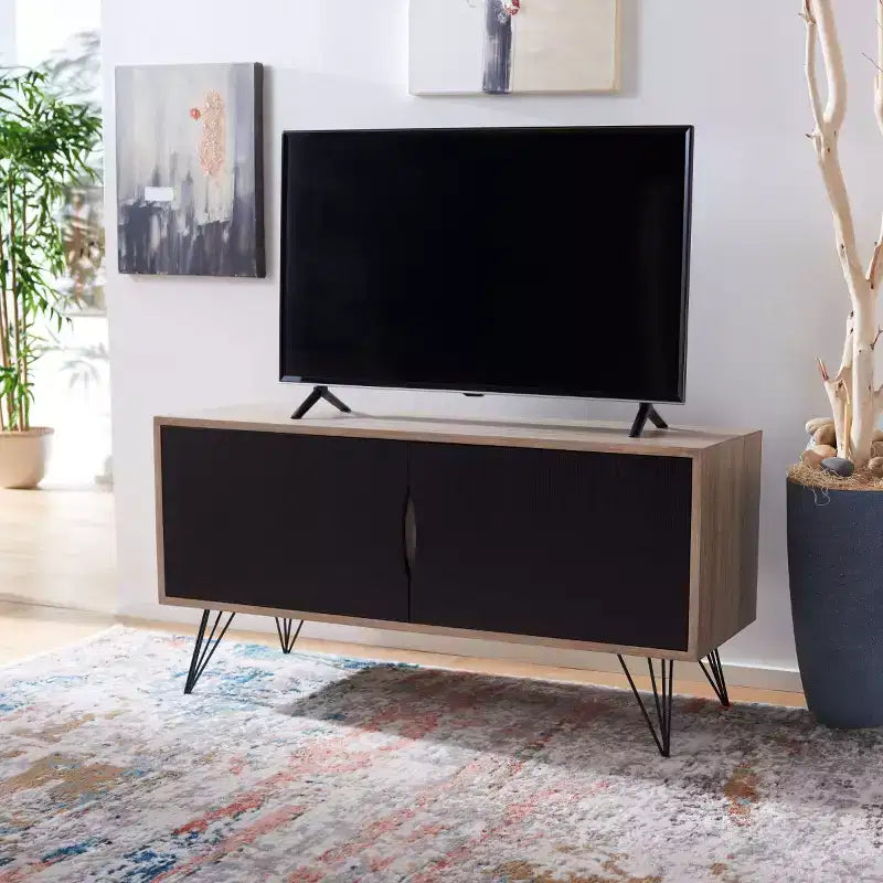 Meuble TV Buffet Moderne, Chêne Clair & Noir, MDF, 120 cm L, Convient aux TV 50"
