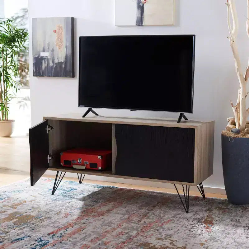 Meuble TV Buffet Moderne, Chêne Clair & Noir, MDF, 120 cm L, Convient aux TV 50"