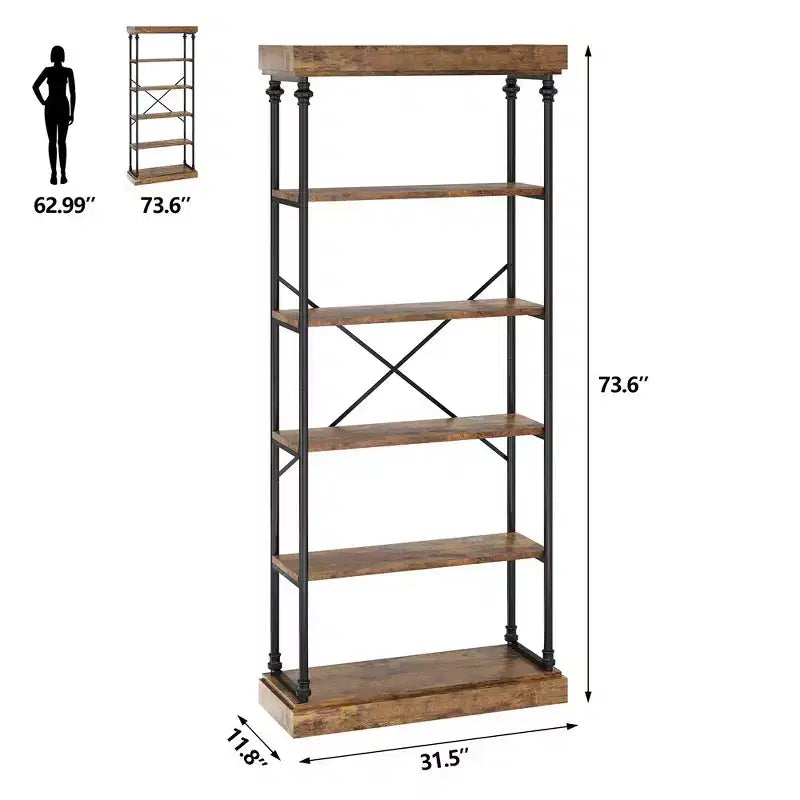 Étagère industrielle à 6 niveaux, bois et métal, 187 cm de haut, rangement ouvert
