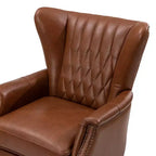 Fauteuil à oreilles en cuir véritable avec clous décoratifs et pieds fuselés en bois massif