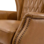 Fauteuil à oreilles en cuir véritable avec clous décoratifs et pieds fuselés en bois massif
