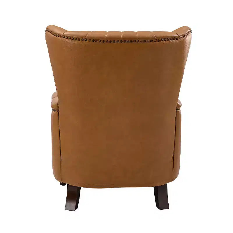 Fauteuil à oreilles en cuir véritable avec clous décoratifs et pieds fuselés en bois massif