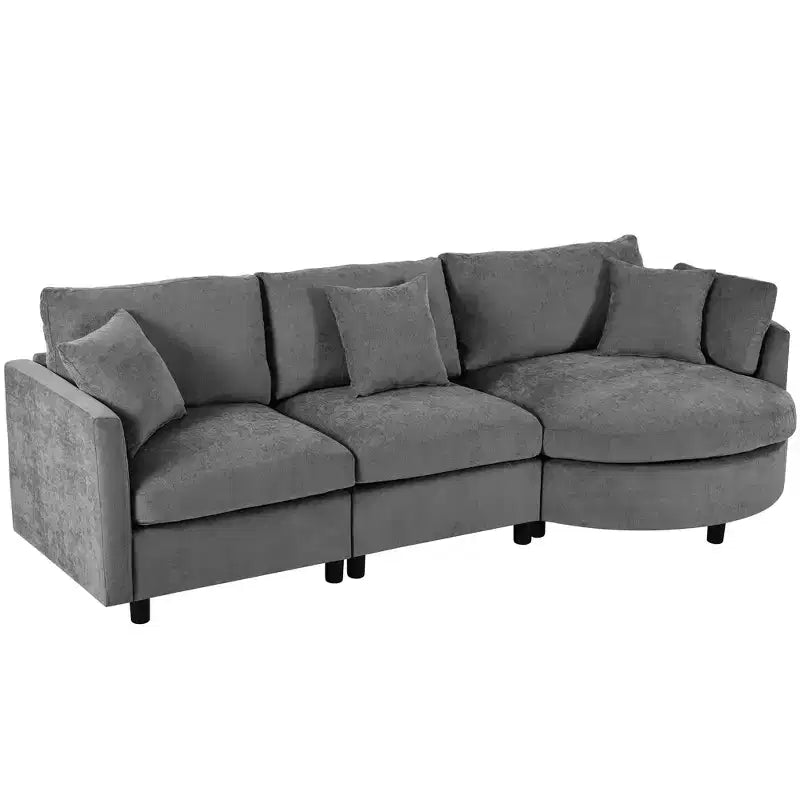 Canapé courbé rembourré de 268 cm, 3 places avec 3 oreillers, tissu chenille