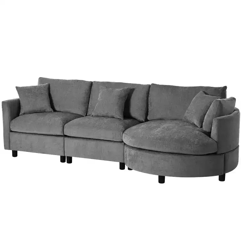 Canapé courbé rembourré de 268 cm, 3 places avec 3 oreillers, tissu chenille